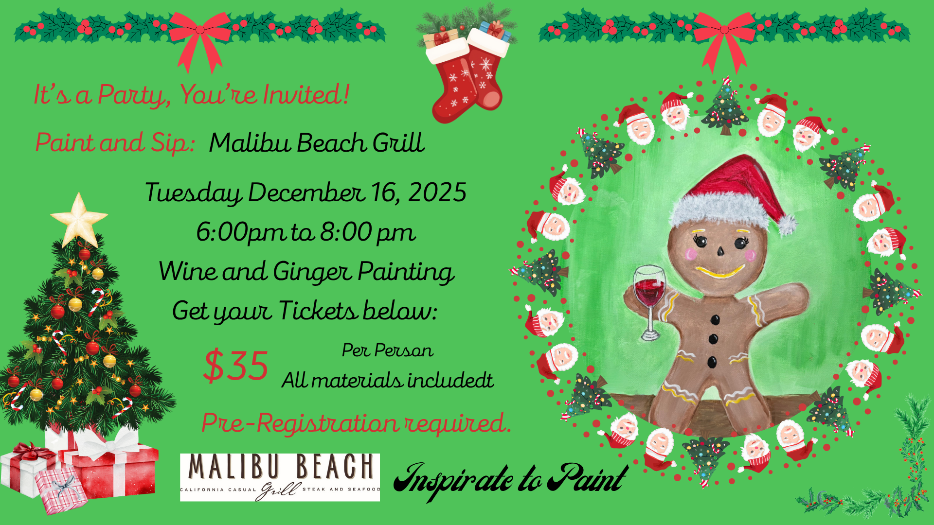 IN PERSON Paint Party -  Wine and Ginger - Malibu Beach Grill - Tuesday December 16th 2025